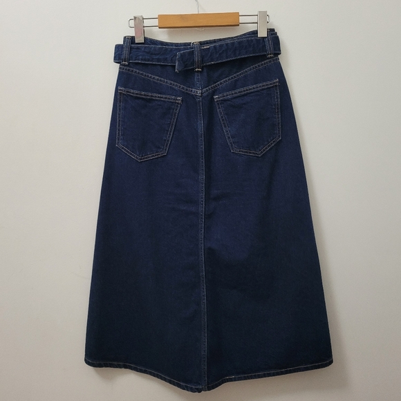 ZARA Classic Dark Wash Denim A-Line Belt Midi Skirt XS - Picture 3 of 4